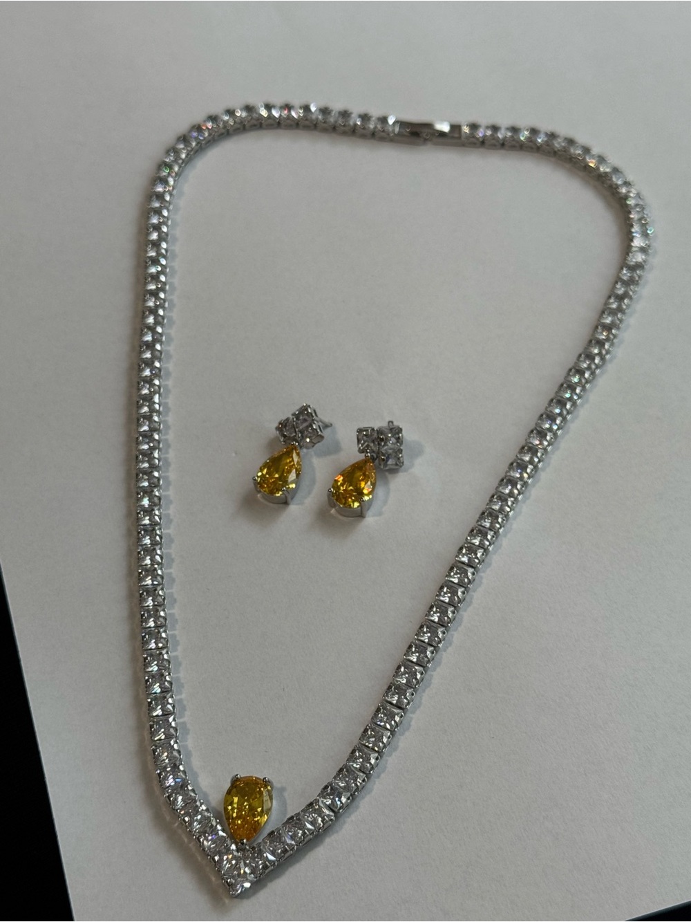 Yellow Teardrop Pendant Tennis Necklace and Earrings Set - Silver Tone